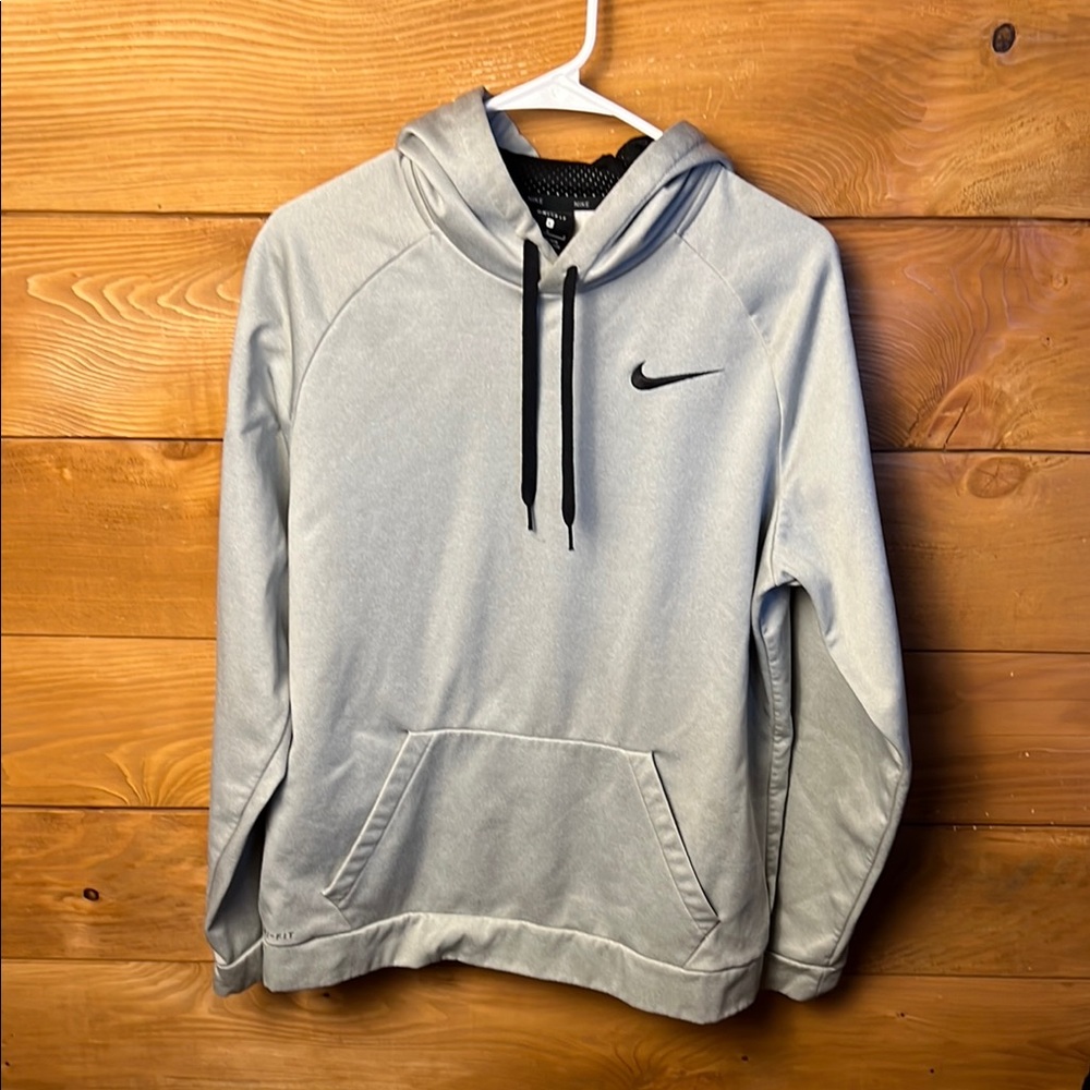 Nike Men’s Long Sleeve Hoodie LgGrey Pull Over Gym Dri Fit Sweatshirt Athletic